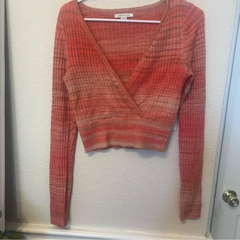 Small American Eagle Women's Red Space Dyed Faux Wrap Cropped Sweater